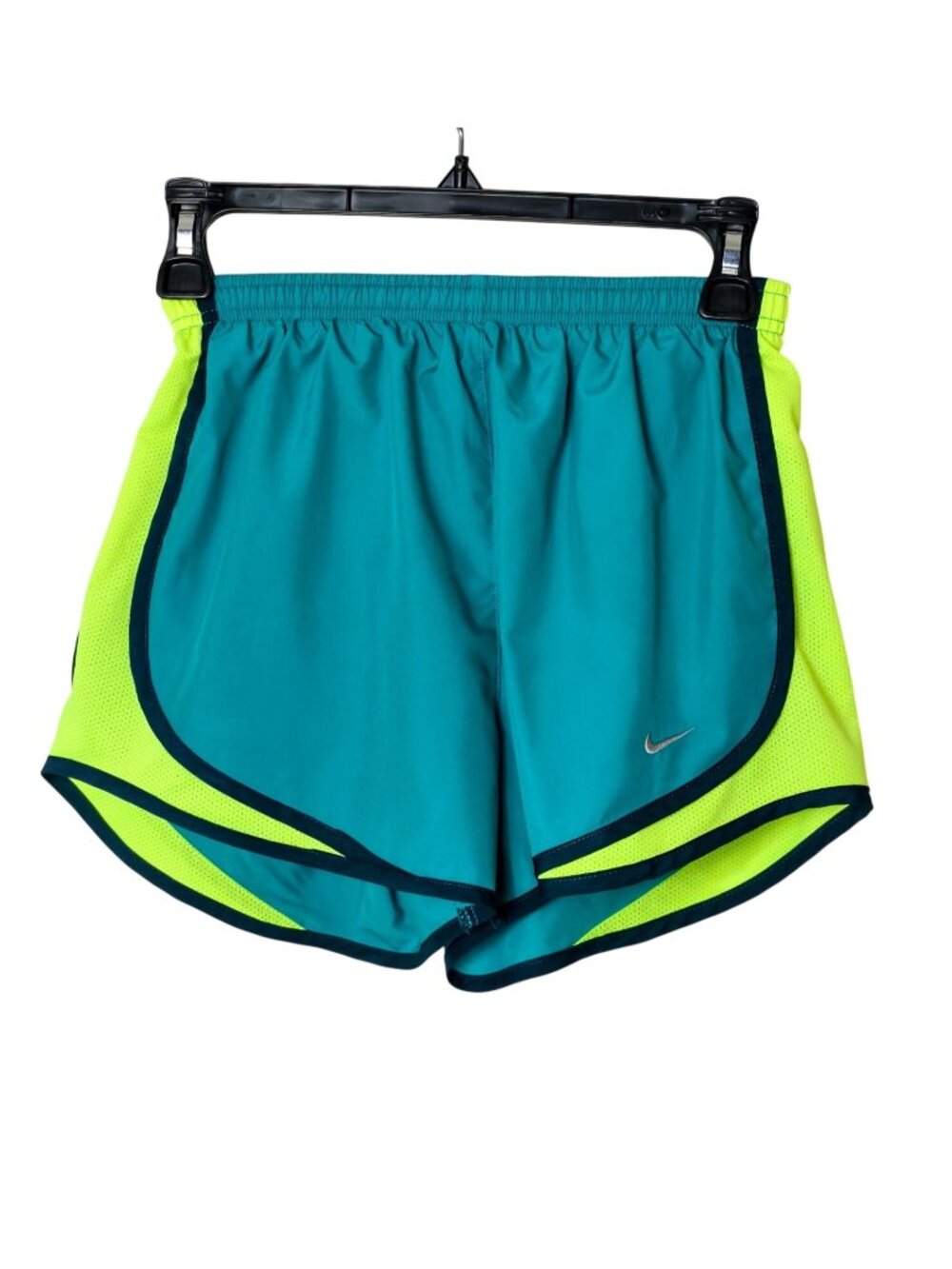 Nike Womens S Running Shorts Teal Neon Yellow Dri-Fit Athletic Sporty Workout